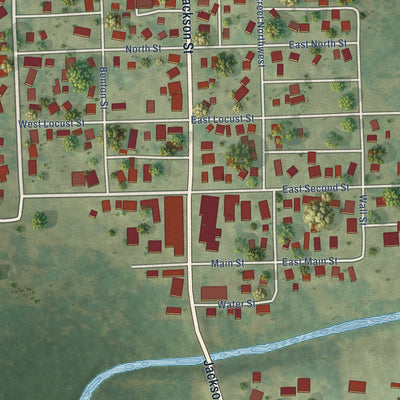 Close-up of the map of Olin, Iowa print showing street and building detail