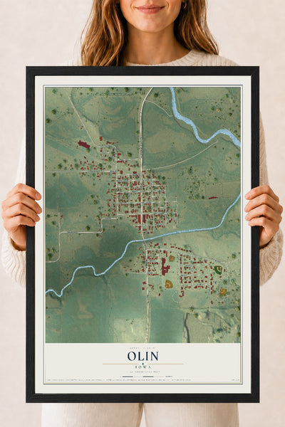 Map of Olin, Iowa, 18 x 24 inch print in a black wood frame