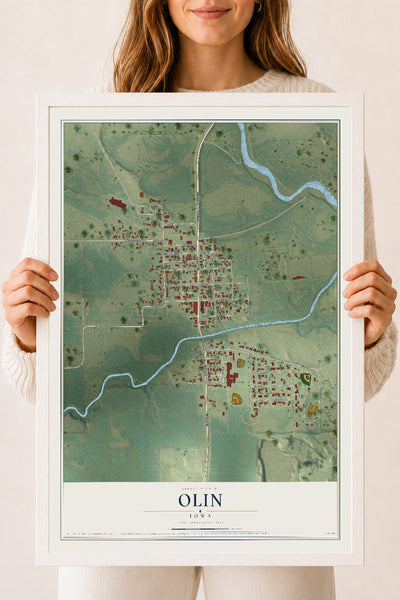Map of Olin, Iowa, 18 x 24 inch print in a white wood frame