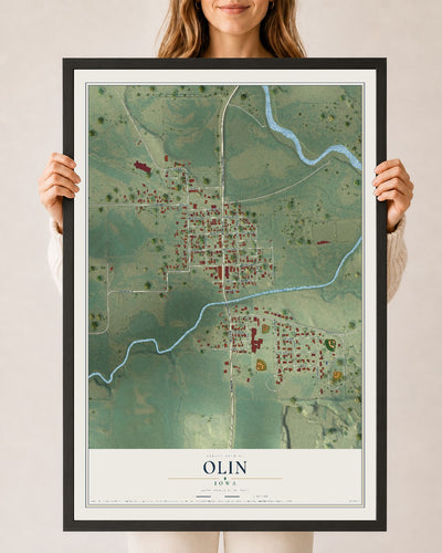 Map of Olin, Iowa, 24 x 36 inch print in a black wood frame