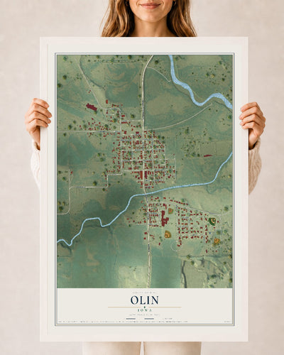 Map of Olin, Iowa, 24 x 36 inch print in a white wood frame