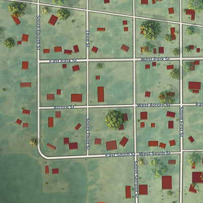 Close-up of the map of Ollie, Iowa print showing street and building detail