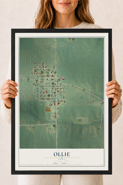 Map of Ollie, Iowa, 18 x 24 inch print in a black wood frame