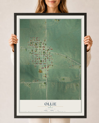Map of Ollie, Iowa, 24 x 36 inch print in a black wood frame