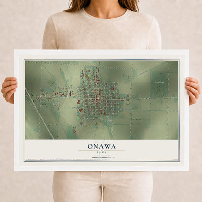 Map of Onawa, Iowa, 12 x 18 inch print in a white wood frame