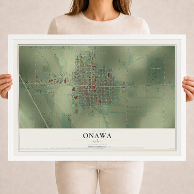 Map of Onawa, Iowa, 18 x 24 inch print in a white wood frame