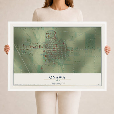 Map of Onawa, Iowa, 24 x 36 inch print in a white wood frame