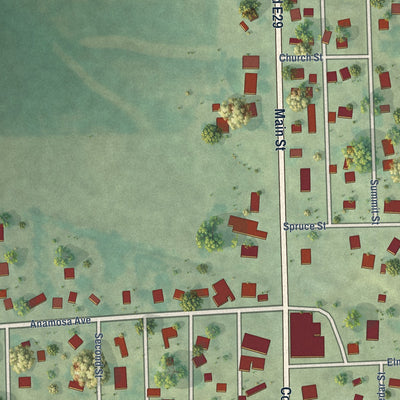 Close-up of the map of Onslow, Iowa print showing street and building detail