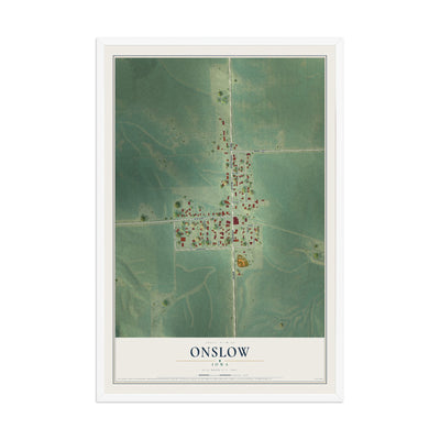 Map of Onslow, Iowa, 12 x 18 inch print in a white wood frame