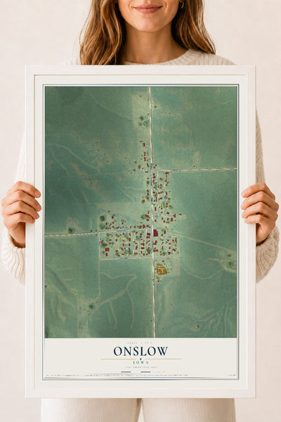 Map of Onslow, Iowa, 18 x 24 inch print in a white wood frame