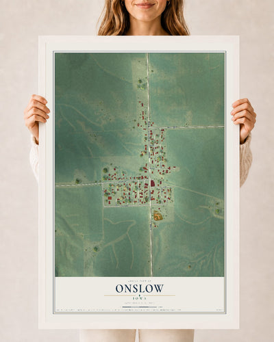 Map of Onslow, Iowa, 24 x 36 inch print in a white wood frame
