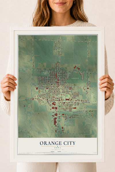 Map of Orange City, Iowa, 18 x 24 inch print in a white wood frame