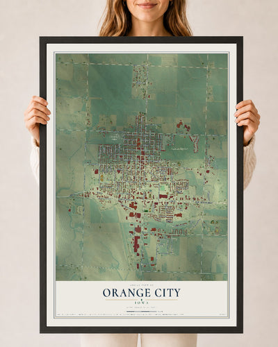 Map of Orange City, Iowa, 24 x 36 inch print in a black wood frame