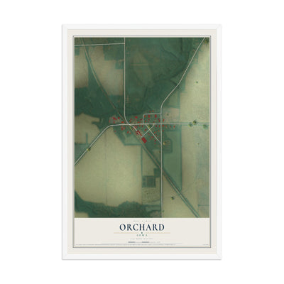 Map of Orchard, Iowa, 12 x 18 inch print in a white wood frame