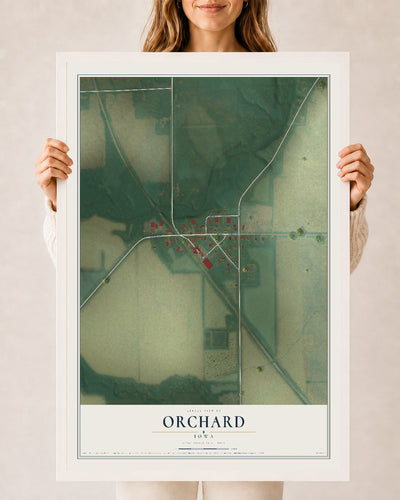 Map of Orchard, Iowa, 24 x 36 inch print in a white wood frame