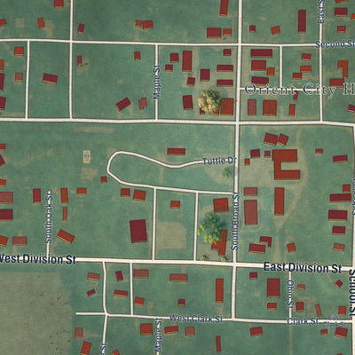 Close-up of the map of Orient, Iowa print showing street and building detail