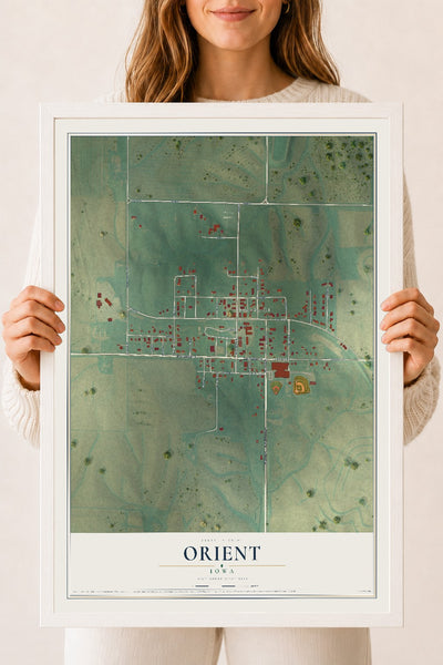 Map of Orient, Iowa, 18 x 24 inch print in a white wood frame