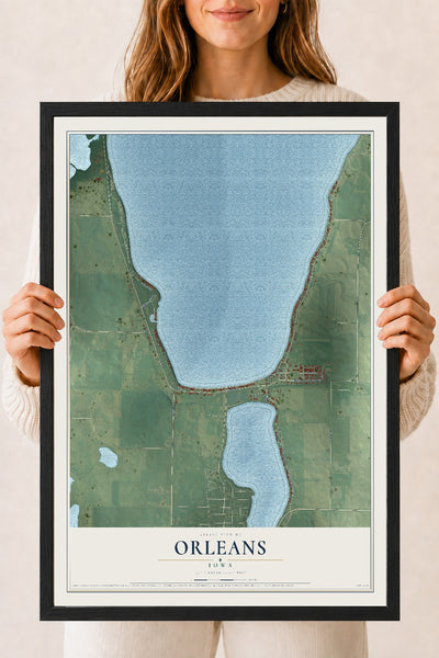 Map of Orleans, Iowa, 18 x 24 inch print in a black wood frame