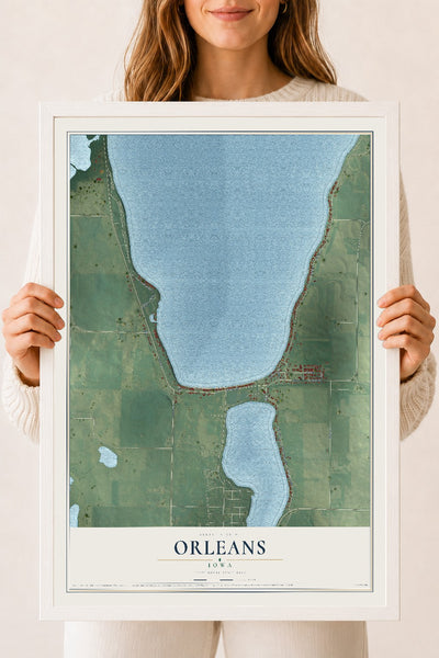 Map of Orleans, Iowa, 18 x 24 inch print in a white wood frame