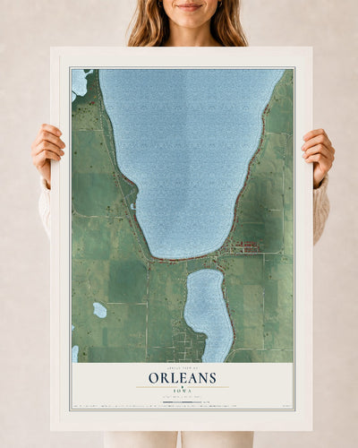 Map of Orleans, Iowa, 24 x 36 inch print in a white wood frame
