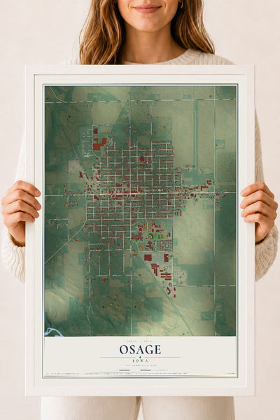 Map of Osage, Iowa, 18 x 24 inch print in a white wood frame