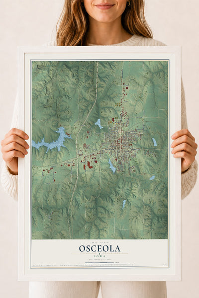 Map of Osceola, Iowa, 18 x 24 inch print in a white wood frame