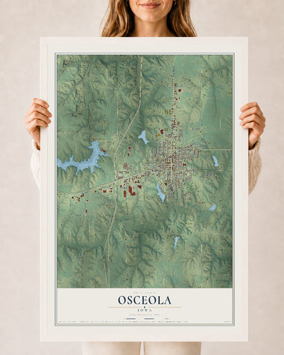 Map of Osceola, Iowa, 24 x 36 inch print in a white wood frame