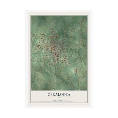 Map of Oskaloosa, Iowa, 12 x 18 inch print in a white wood frame