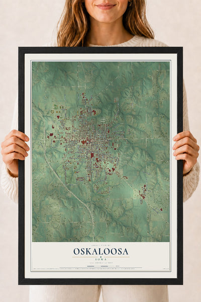Map of Oskaloosa, Iowa, 18 x 24 inch print in a black wood frame