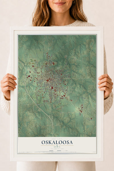 Map of Oskaloosa, Iowa, 18 x 24 inch print in a white wood frame