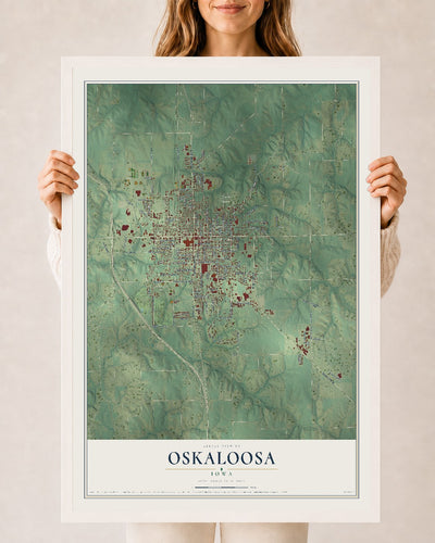 Map of Oskaloosa, Iowa, 24 x 36 inch print in a white wood frame