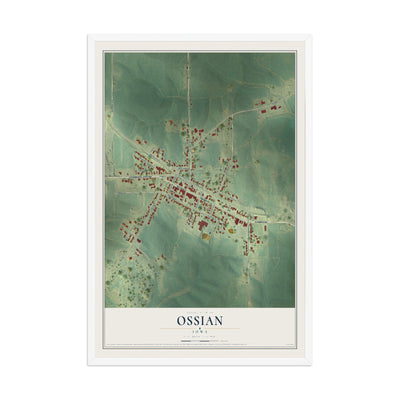 Map of Ossian, Iowa, 12 x 18 inch print in a white wood frame