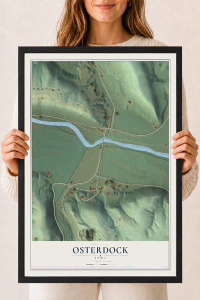 Map of Osterdock, Iowa, 18 x 24 inch print in a black wood frame