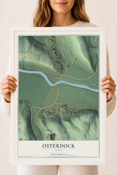 Map of Osterdock, Iowa, 18 x 24 inch print in a white wood frame