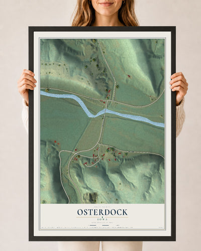 Map of Osterdock, Iowa, 24 x 36 inch print in a black wood frame