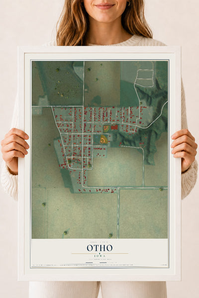 Map of Otho, Iowa, 18 x 24 inch print in a white wood frame
