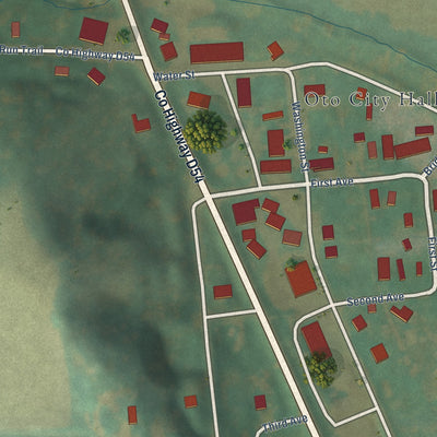 Close-up of the map of Oto, Iowa print showing street and building detail