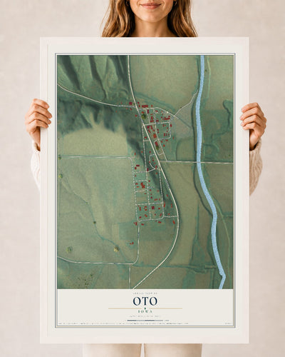 Map of Oto, Iowa, 24 x 36 inch print in a white wood frame
