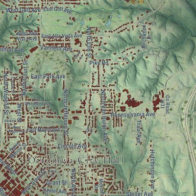 Second close-up of the map of Ottumwa, Iowa print showing more streets and buildings
