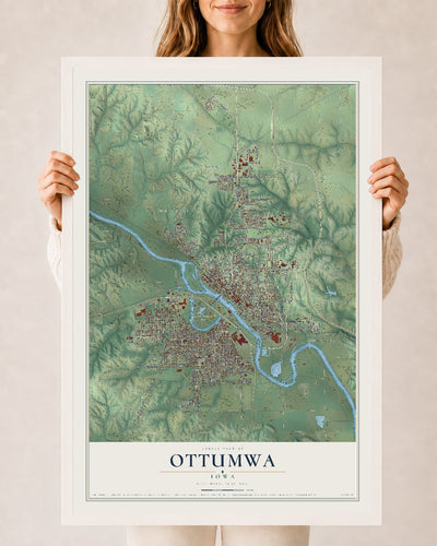 Map of Ottumwa, Iowa, 24 x 36 inch print in a white wood frame