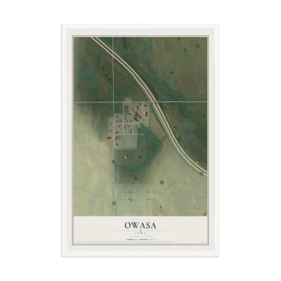 Map of Owasa, Iowa, 12 x 18 inch print in a white wood frame