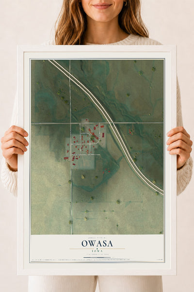 Map of Owasa, Iowa, 18 x 24 inch print in a white wood frame