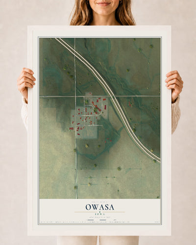 Map of Owasa, Iowa, 24 x 36 inch print in a white wood frame