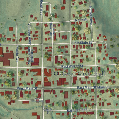 Close-up of the map of Oxford, Iowa print showing street and building detail