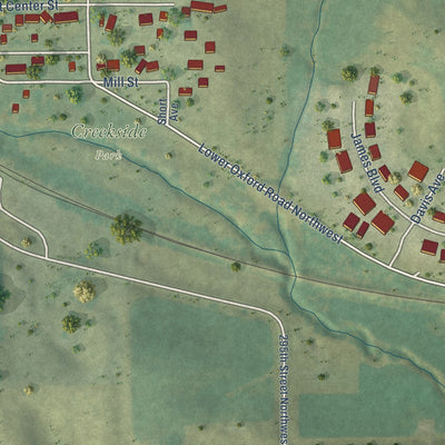 Second close-up of the map of Oxford, Iowa print showing more streets and buildings