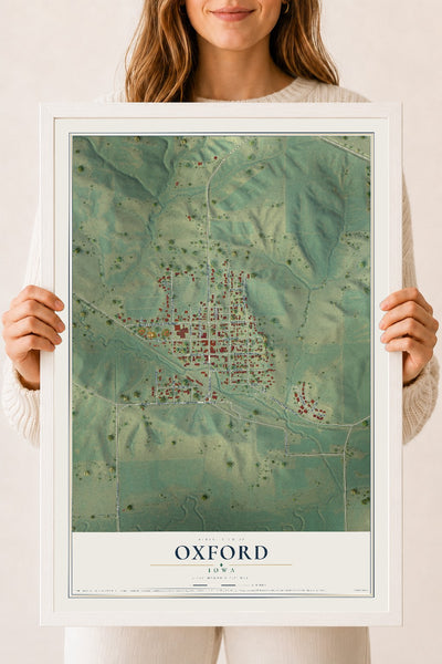 Map of Oxford, Iowa, 18 x 24 inch print in a white wood frame