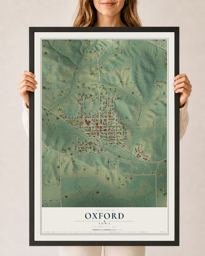 Map of Oxford, Iowa, 24 x 36 inch print in a black wood frame