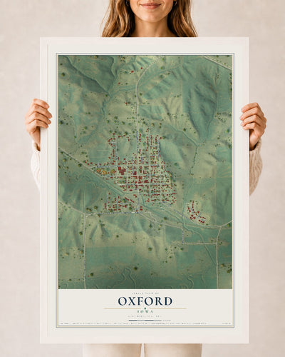 Map of Oxford, Iowa, 24 x 36 inch print in a white wood frame