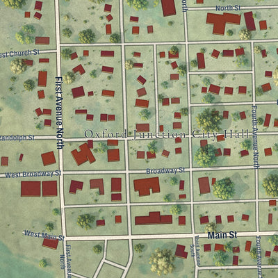 Close-up of the map of Oxford Junction, Iowa print showing street and building detail