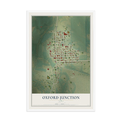 Map of Oxford Junction, Iowa, 12 x 18 inch print in a white wood frame